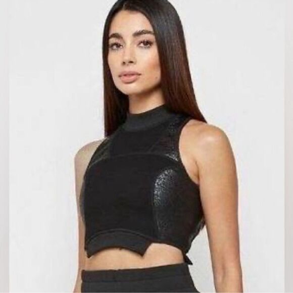 Maniere De Voir Tops - NWT Manier De Voir Black Jersey Cracked Vegan Leather Mock Neck Crop Top Size S